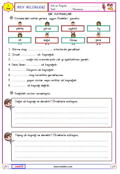 3. Sınıf Fen Bilimleri Işık Kaynakları Etkinliği 2